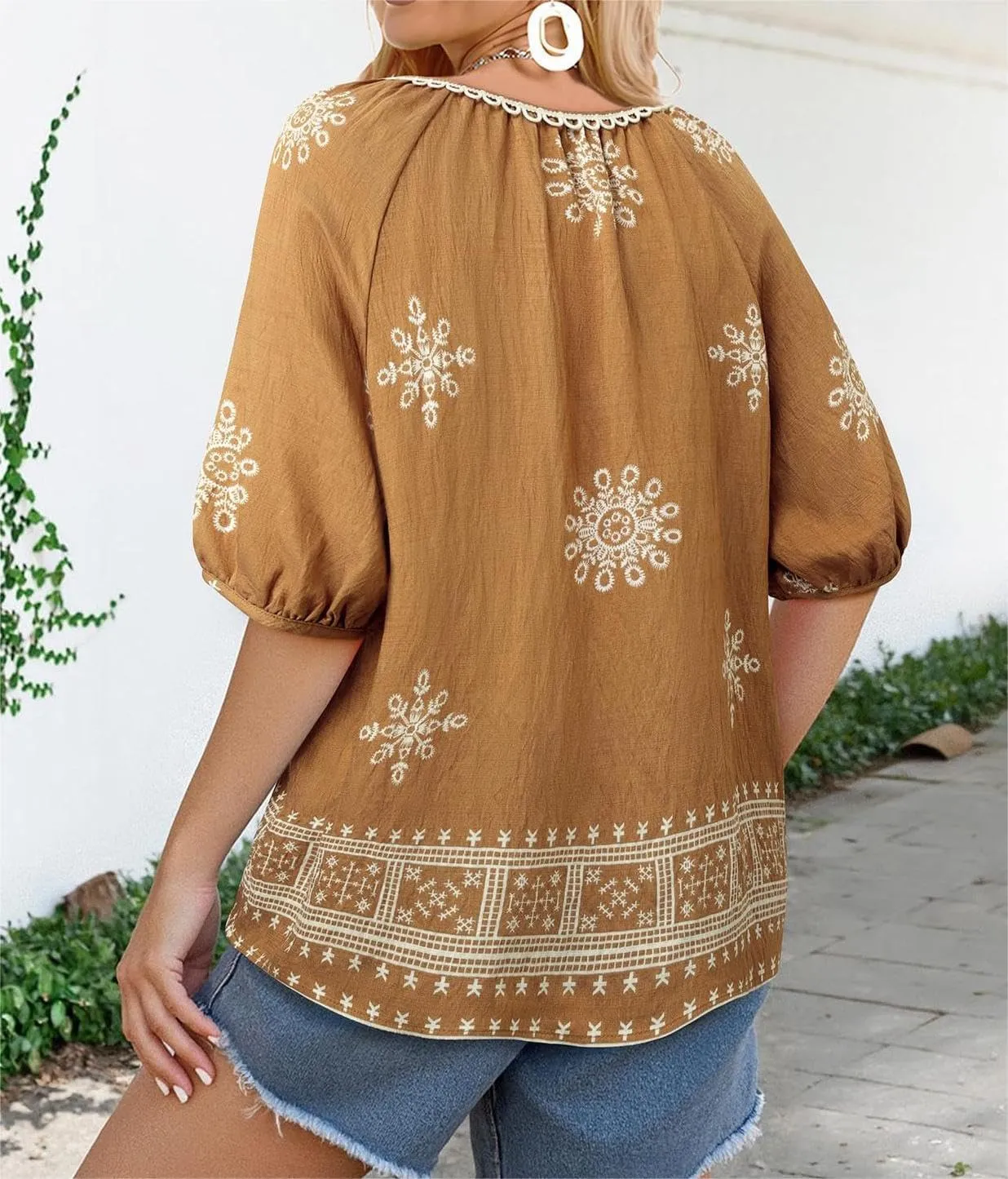 Chvity Womens Summer Boho Tops Flowy Floral Print Shirt Tie Front Vacation Clothes Casual V Neck Short Sleeve Blouses