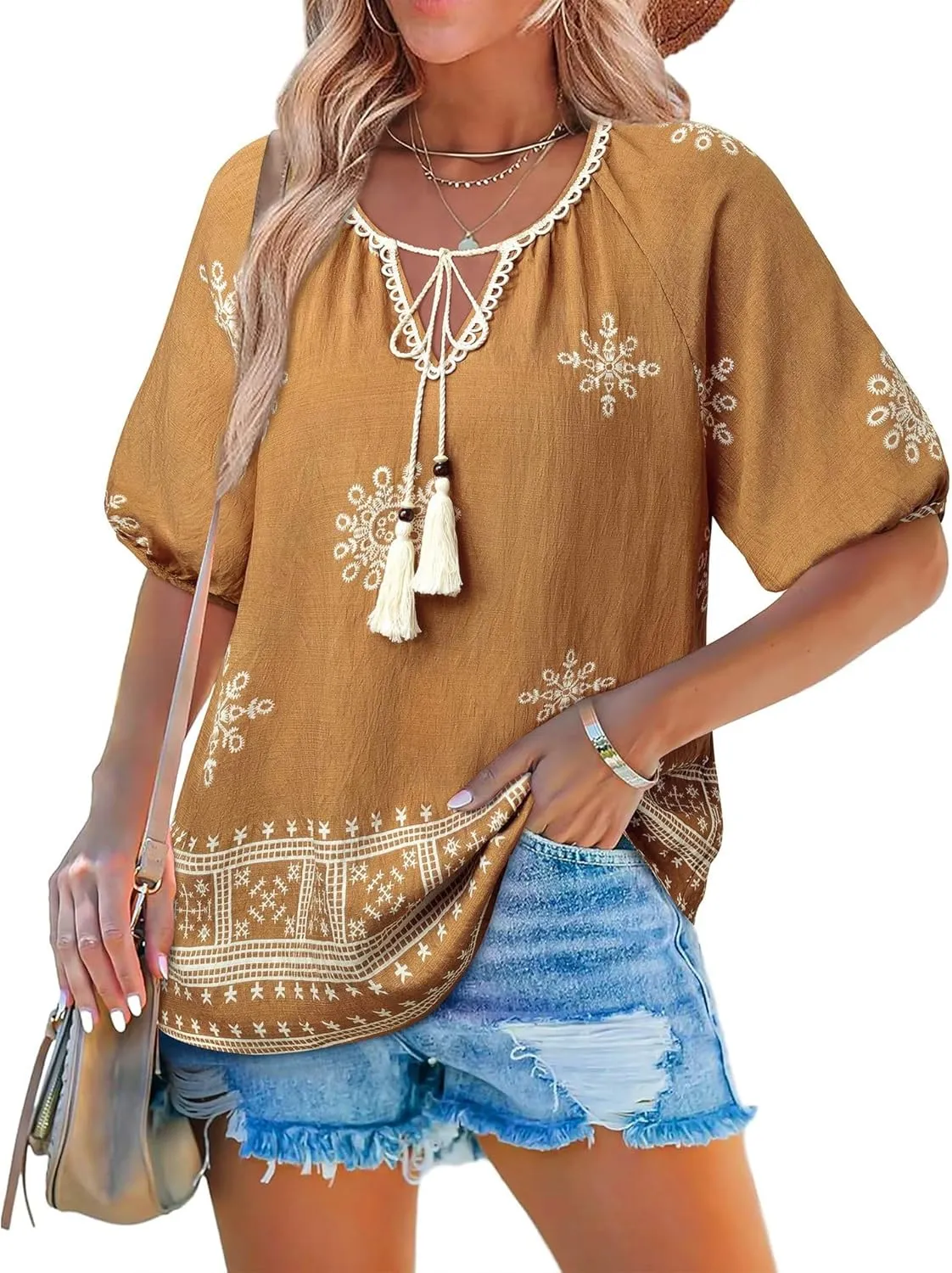 Chvity Womens Summer Boho Tops Flowy Floral Print Shirt Tie Front Vacation Clothes Casual V Neck Short Sleeve Blouses