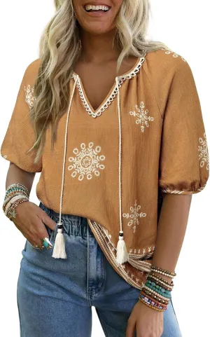 Chvity Womens Summer Boho Tops Flowy Floral Print Shirt Tie Front Vacation Clothes Casual V Neck Short Sleeve Blouses