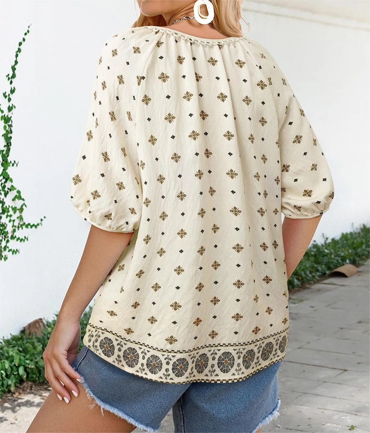 Chvity Womens Summer Boho Tops Flowy Floral Print Shirt Tie Front Vacation Clothes Casual V Neck Short Sleeve Blouses