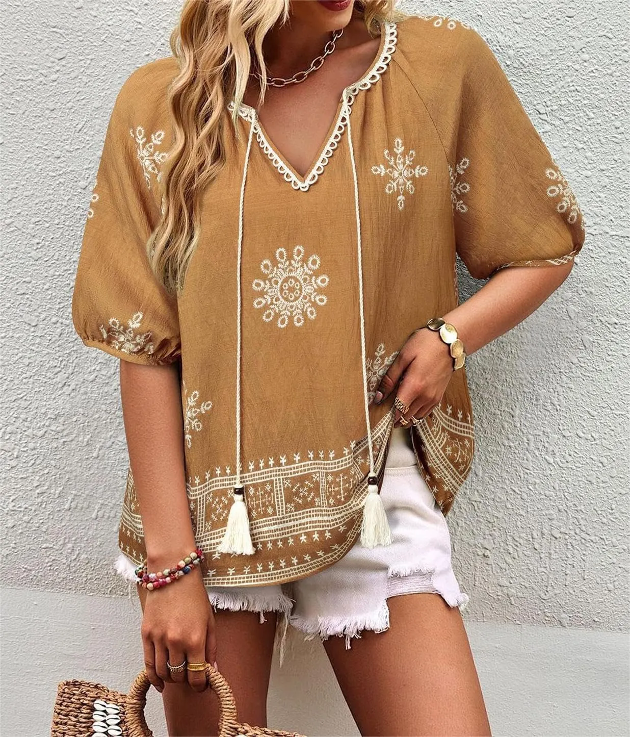 Chvity Womens Summer Boho Tops Flowy Floral Print Shirt Tie Front Vacation Clothes Casual V Neck Short Sleeve Blouses
