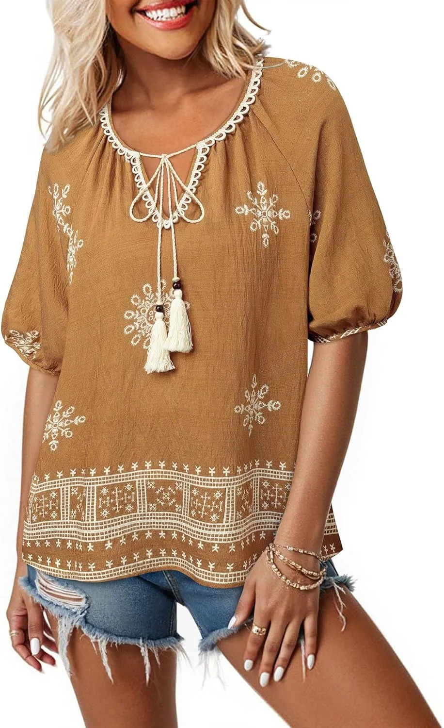 Chvity Womens Summer Boho Tops Flowy Floral Print Shirt Tie Front Vacation Clothes Casual V Neck Short Sleeve Blouses
