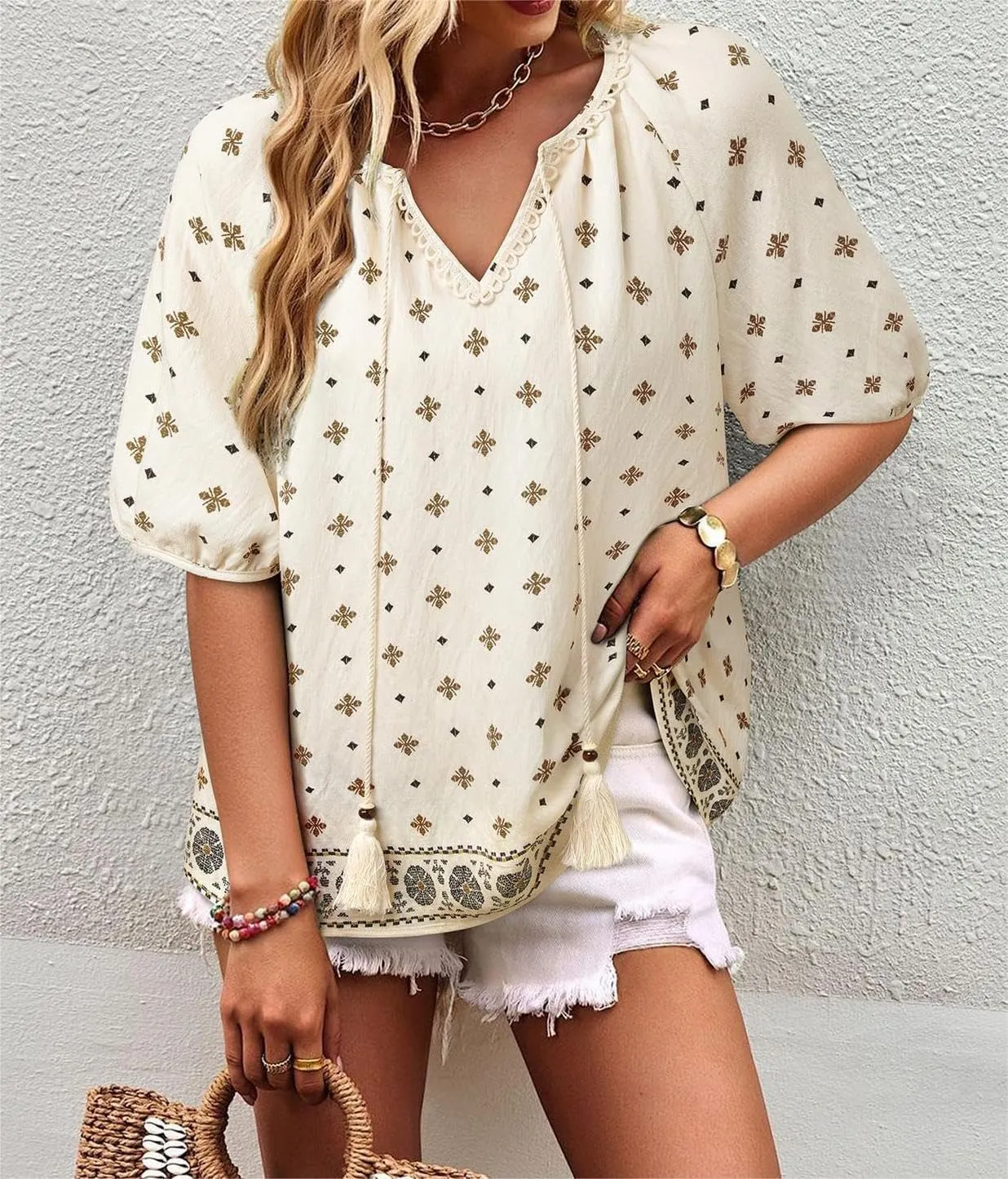 Chvity Womens Summer Boho Tops Flowy Floral Print Shirt Tie Front Vacation Clothes Casual V Neck Short Sleeve Blouses