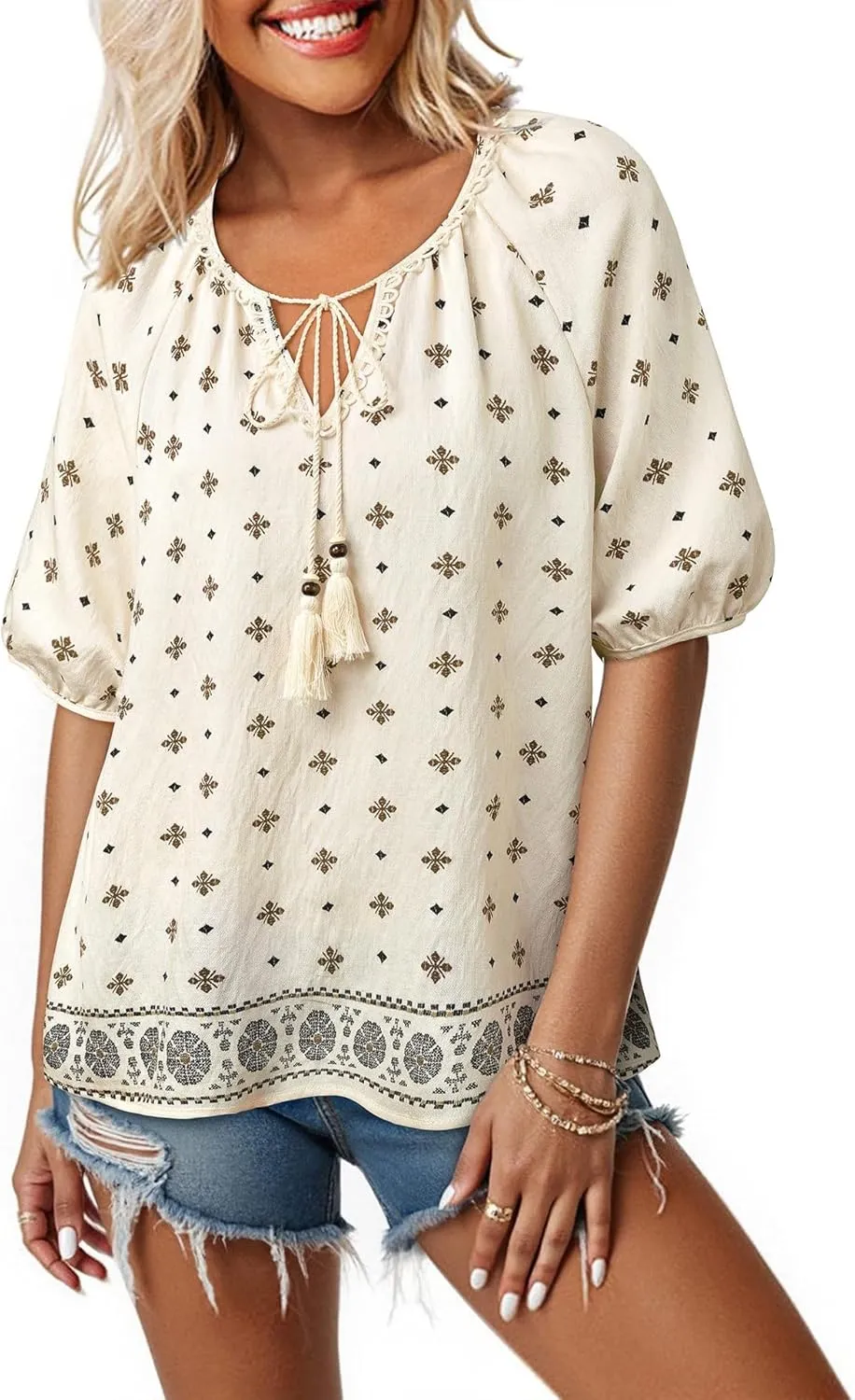 Chvity Womens Summer Boho Tops Flowy Floral Print Shirt Tie Front Vacation Clothes Casual V Neck Short Sleeve Blouses