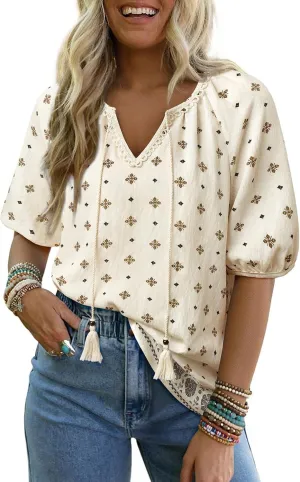Chvity Womens Summer Boho Tops Flowy Floral Print Shirt Tie Front Vacation Clothes Casual V Neck Short Sleeve Blouses