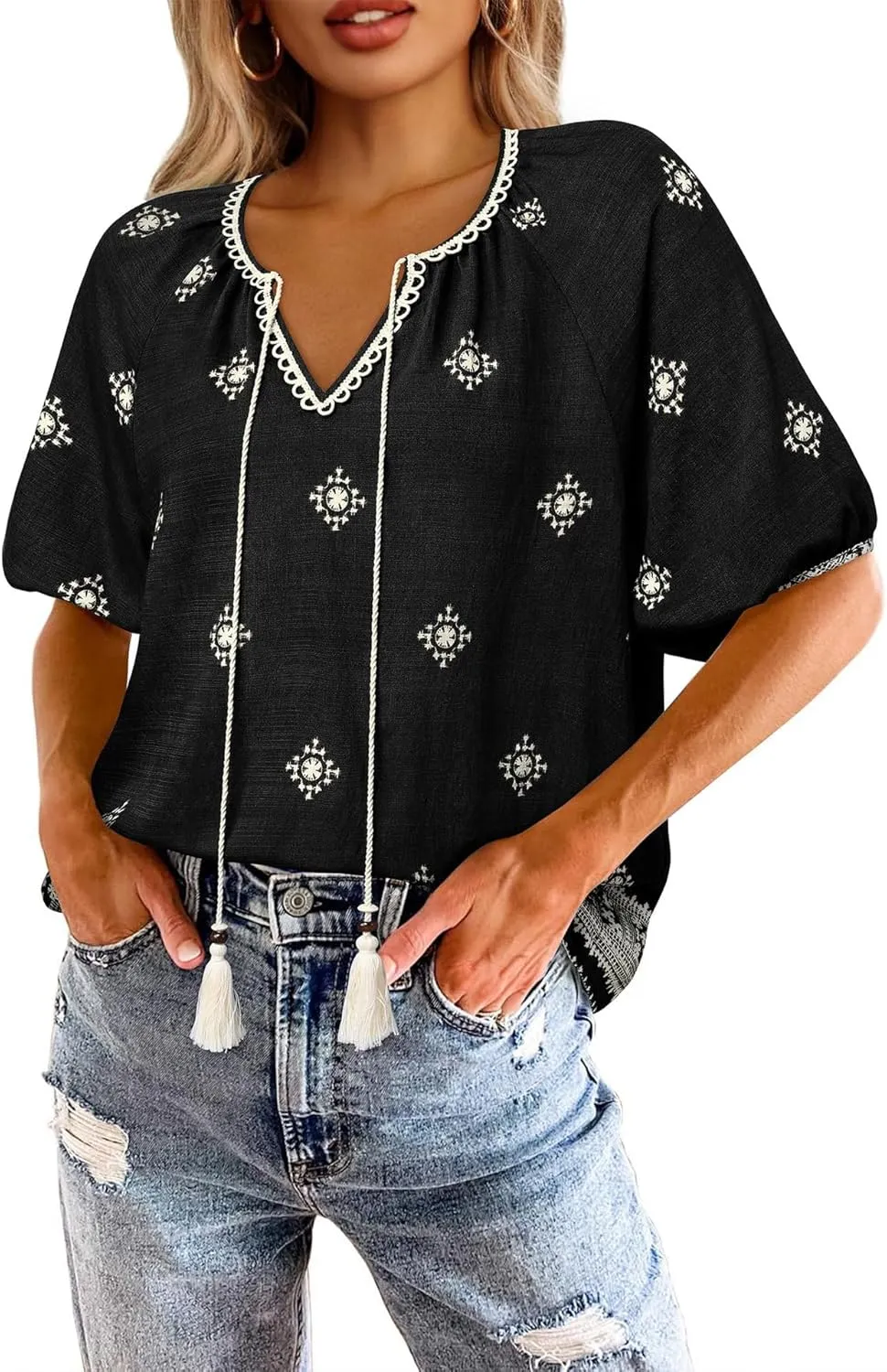 Chvity Womens Summer Boho Tops Flowy Floral Print Shirt Tie Front Vacation Clothes Casual V Neck Short Sleeve Blouses