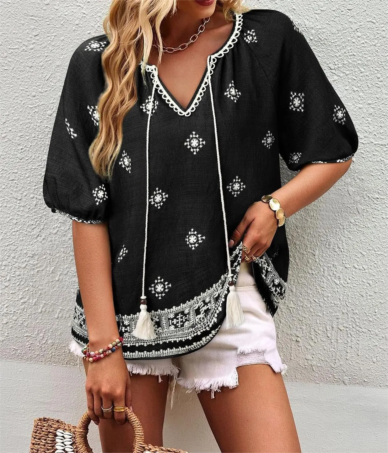 Chvity Womens Summer Boho Tops Flowy Floral Print Shirt Tie Front Vacation Clothes Casual V Neck Short Sleeve Blouses