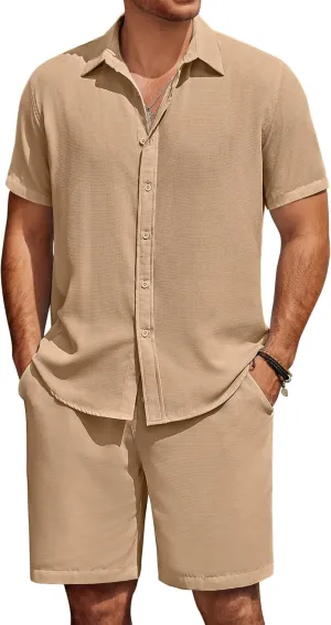 COOFANDY Mens Summer Beach 2 Piece Outfits Casual Vacation Cotton Linen Yoga Matching Set Short Sleeve Shirt and Shorts