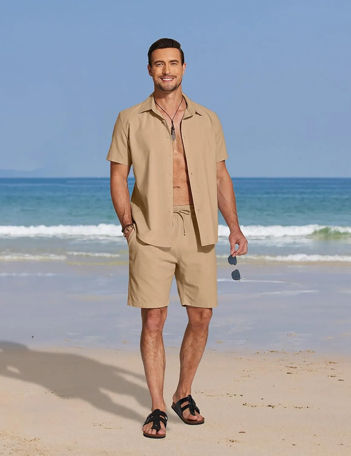 COOFANDY Mens Summer Beach 2 Piece Outfits Casual Vacation Cotton Linen Yoga Matching Set Short Sleeve Shirt and Shorts
