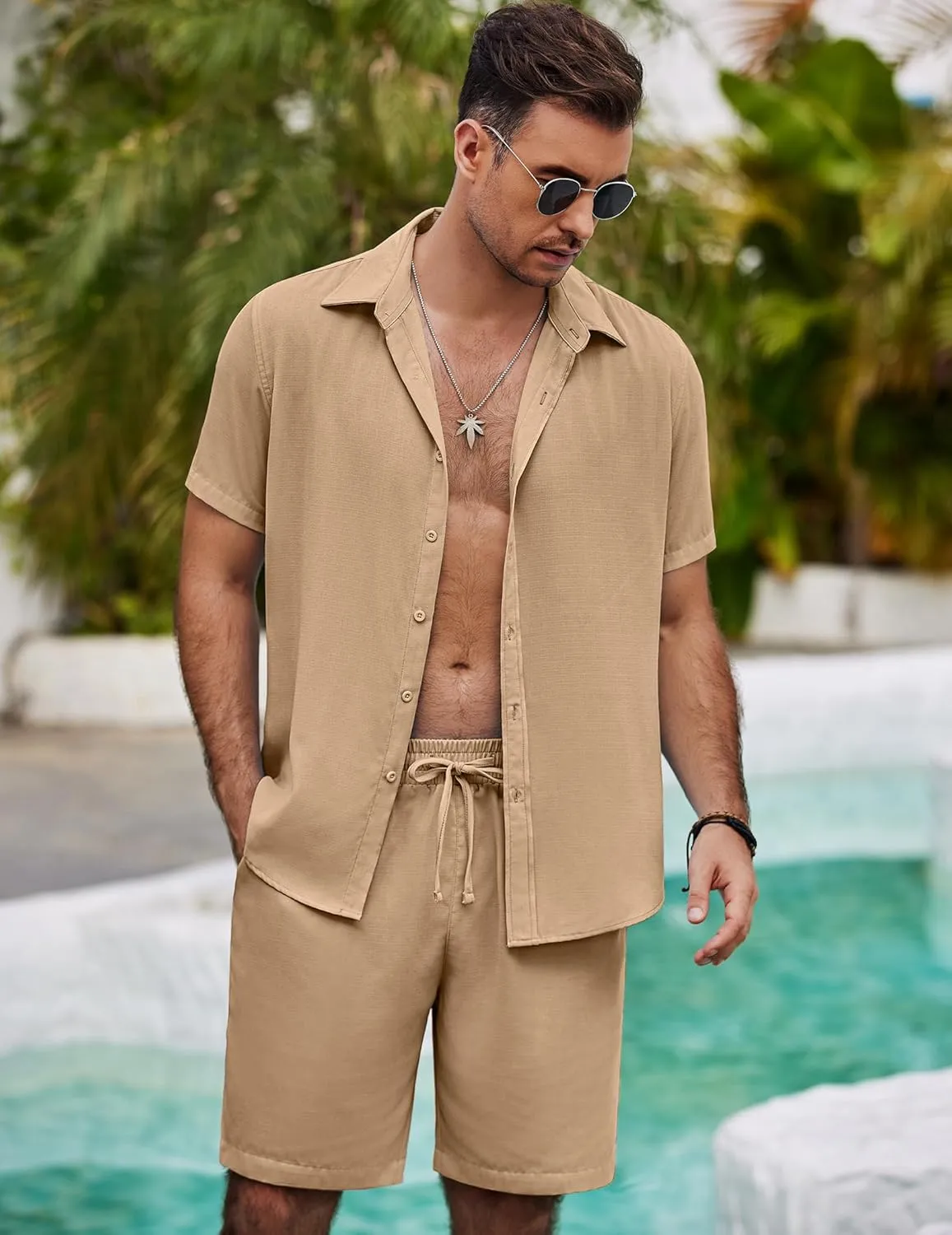COOFANDY Mens Summer Beach 2 Piece Outfits Casual Vacation Cotton Linen Yoga Matching Set Short Sleeve Shirt and Shorts