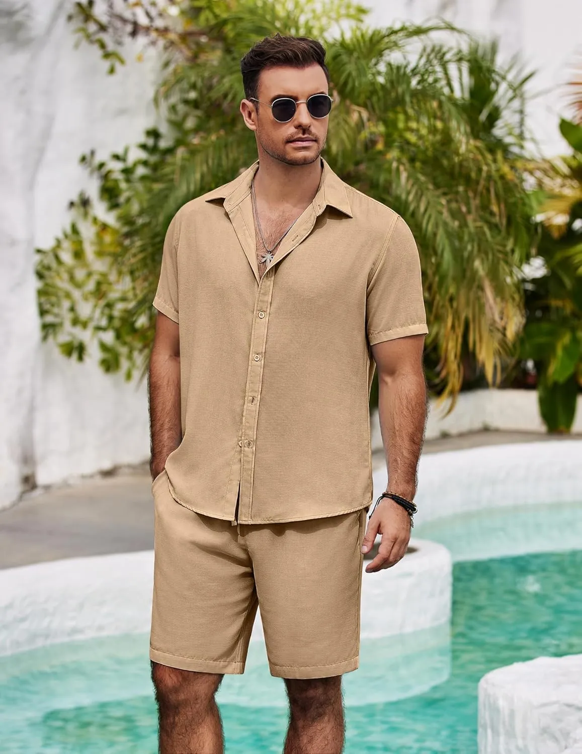 COOFANDY Mens Summer Beach 2 Piece Outfits Casual Vacation Cotton Linen Yoga Matching Set Short Sleeve Shirt and Shorts