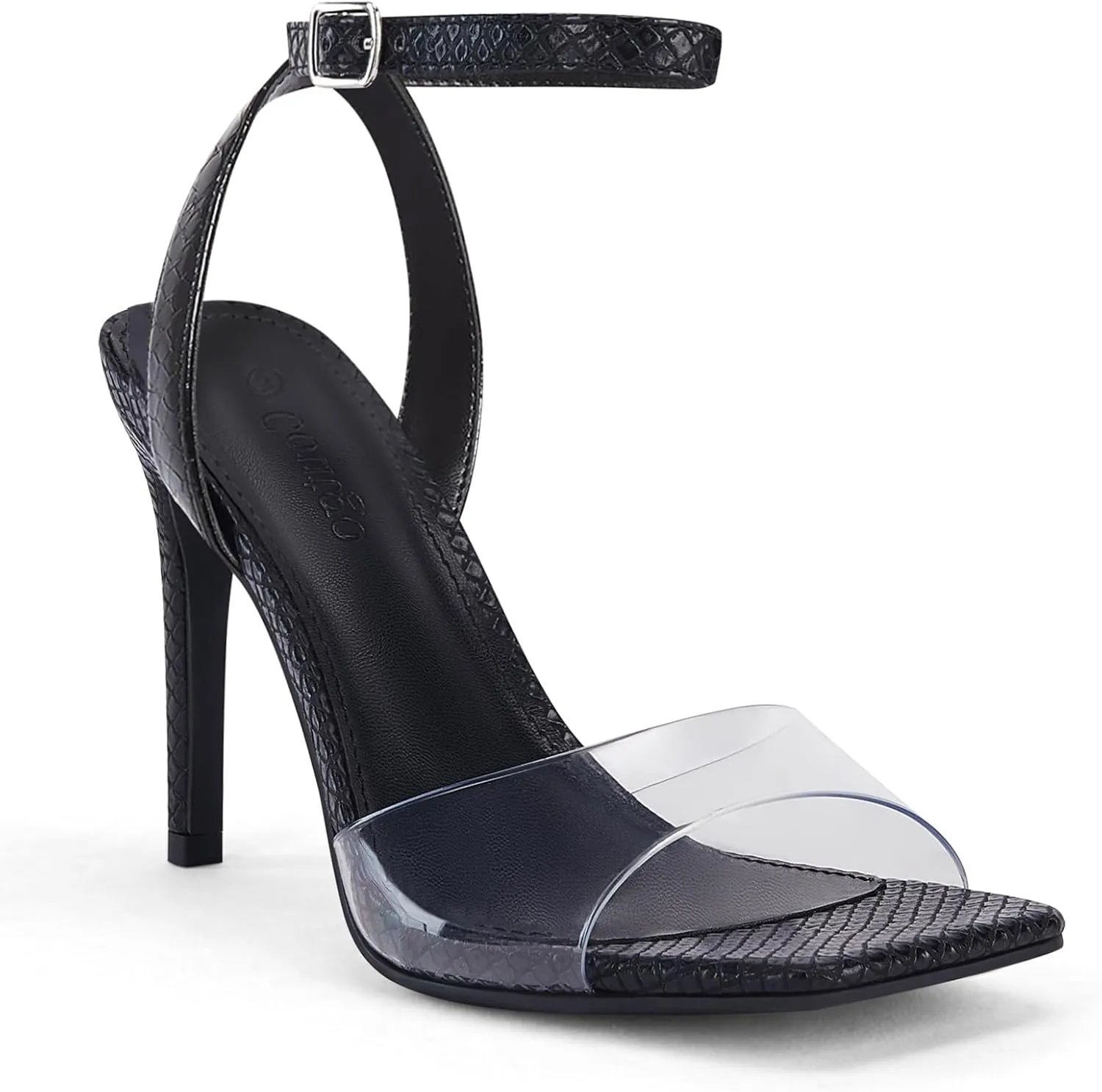 Coutgo Womens Clear Heels Sandals Square Toe Ankle Strap Sexy High Heeled Stiletto Dress Shoes
