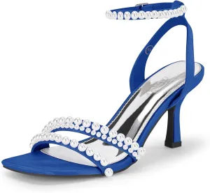 Coutgo Womens Pearl Kitten Heels Sandals Square Open Toe Dress Sandals Ankle Strap Satin Wedding Party Summer Sandals