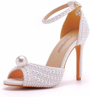 Crystal Queen 4.15 inches Full Pearls Stiletto Heels Sandals Peep Toe Bride Wedding Party Evening Dress Shoes Women's Ankle Strap Sandals