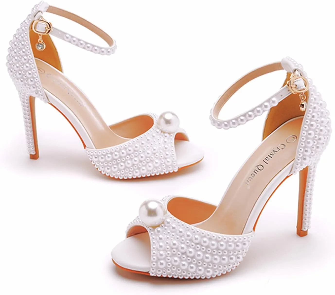 Crystal Queen 4.15 inches Full Pearls Stiletto Heels Sandals Peep Toe Bride Wedding Party Evening Dress Shoes Women's Ankle Strap Sandals