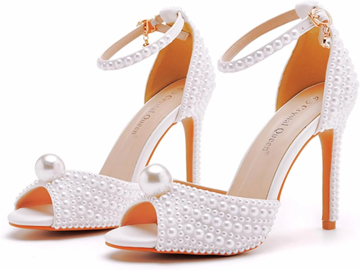 Crystal Queen 4.15 inches Full Pearls Stiletto Heels Sandals Peep Toe Bride Wedding Party Evening Dress Shoes Women's Ankle Strap Sandals