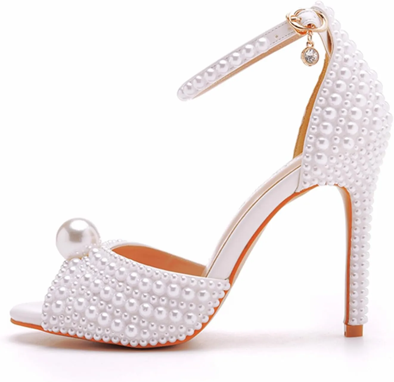 Crystal Queen 4.15 inches Full Pearls Stiletto Heels Sandals Peep Toe Bride Wedding Party Evening Dress Shoes Women's Ankle Strap Sandals