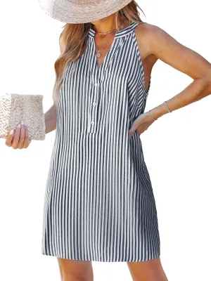CUPSHE Womens Summer Dresses V Neck Sleeveless Striped Button Up Mini Casual Coverup Dress