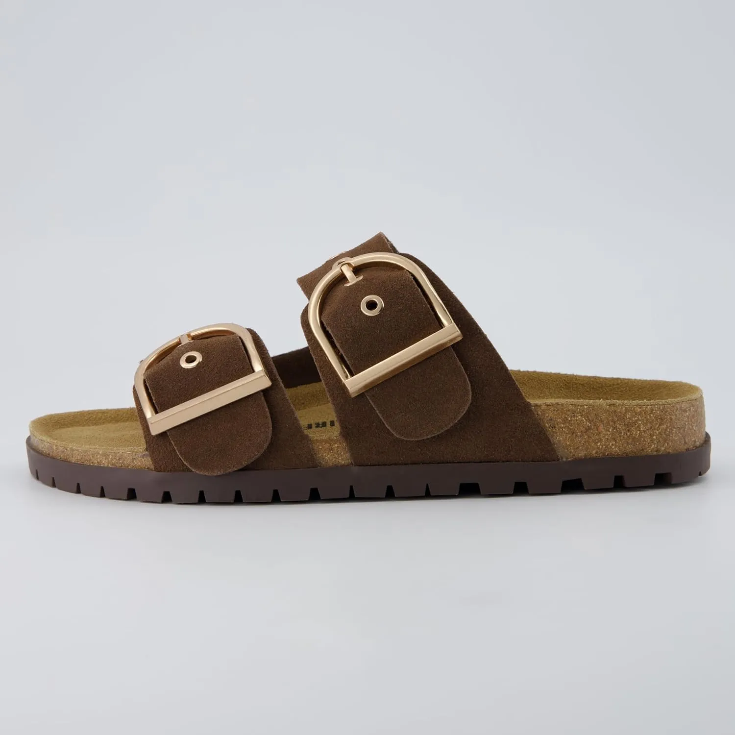 CUSHIONAIRE Brook Women’s Suede Double-Buckle Cork Footbed Slide Sandals with Memory Foam Comfort