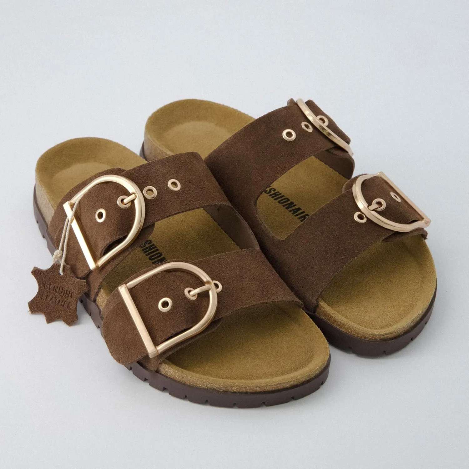 CUSHIONAIRE Brook Women’s Suede Double-Buckle Cork Footbed Slide Sandals with Memory Foam Comfort