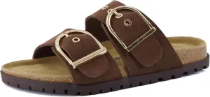 CUSHIONAIRE Brook Women’s Suede Double-Buckle Cork Footbed Slide Sandals with Memory Foam Comfort