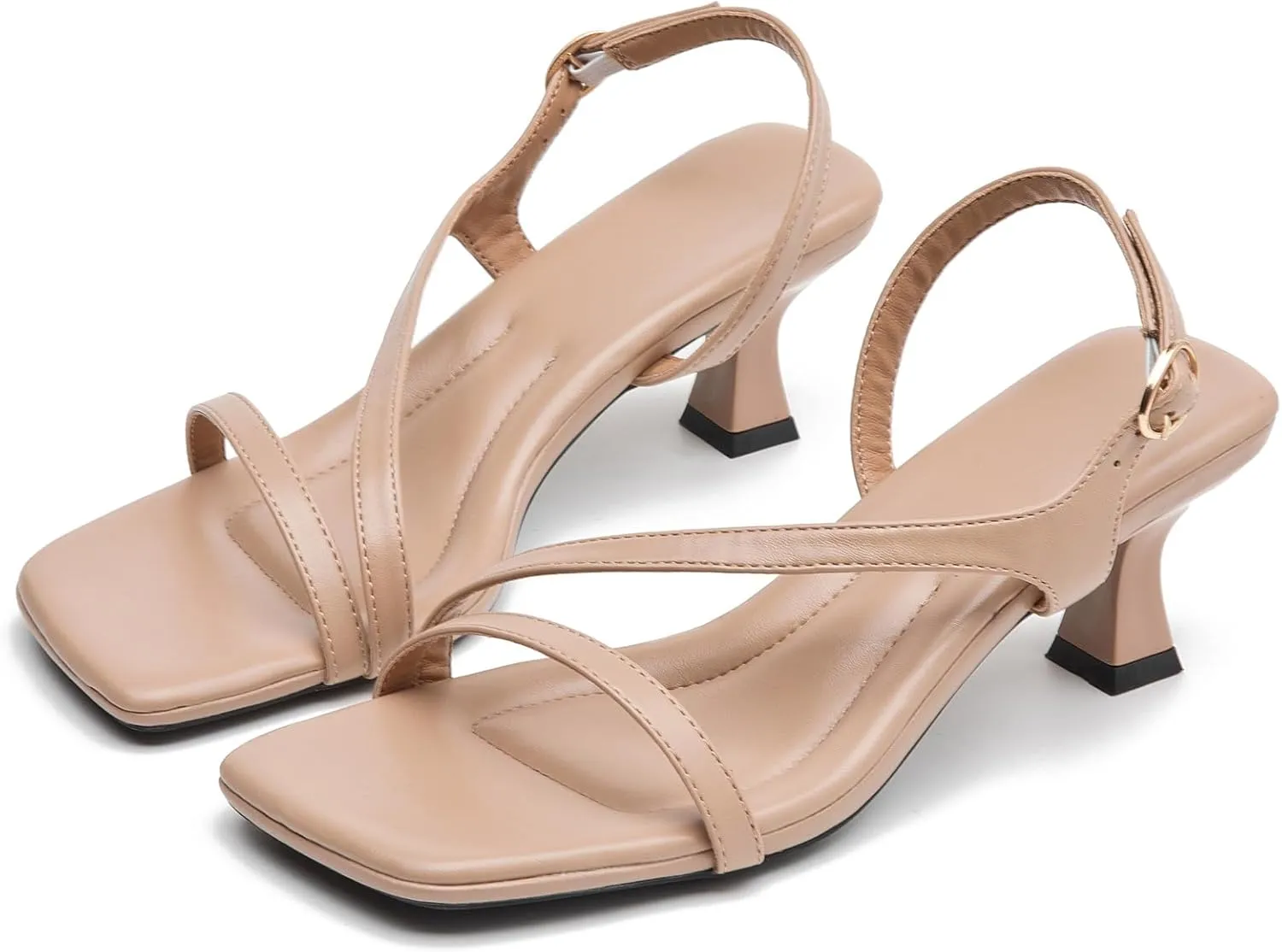 DADAWEN Women's Dressy Strappy Low Kitten Heel Square Open Toe Sandals Buckle Strap Summer Dress Shoes Pumps for Party Wedding Dance Evening