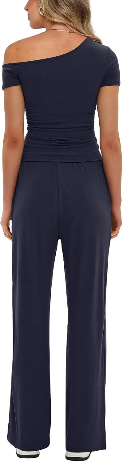 Darong Women's 2 Piece Outfits Lounge Sets Off Shoulder Short Sleeve Tops and High Waisted Wide Leg Pants Tracksuit Sets