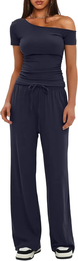 Darong Women's 2 Piece Outfits Lounge Sets Off Shoulder Short Sleeve Tops and High Waisted Wide Leg Pants Tracksuit Sets