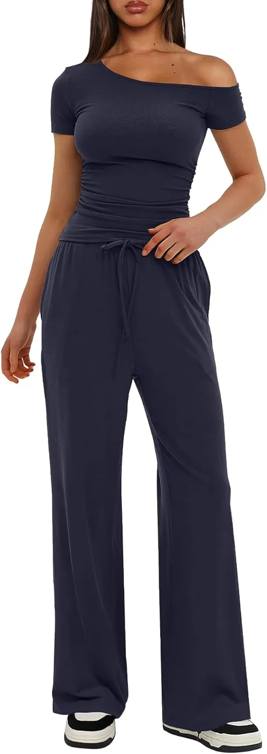 Darong Women's 2 Piece Outfits Lounge Sets Off Shoulder Short Sleeve Tops and High Waisted Wide Leg Pants Tracksuit Sets