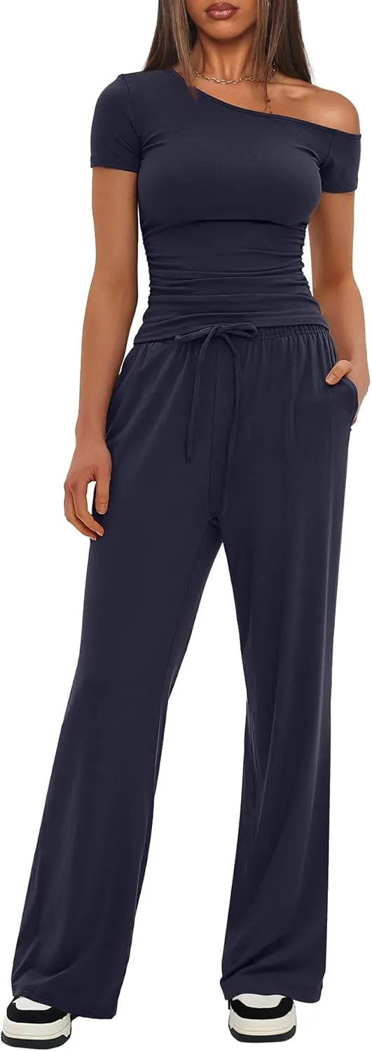 Darong Women's 2 Piece Outfits Lounge Sets Off Shoulder Short Sleeve Tops and High Waisted Wide Leg Pants Tracksuit Sets
