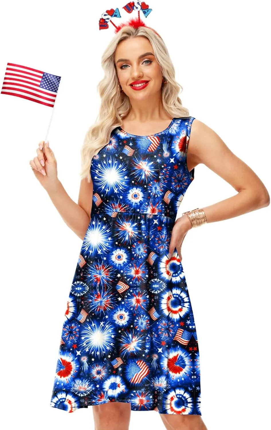 Deerose 4th of July Dress for Women Sleeveless American Flag Patriotic Elastic High Waist Sundress