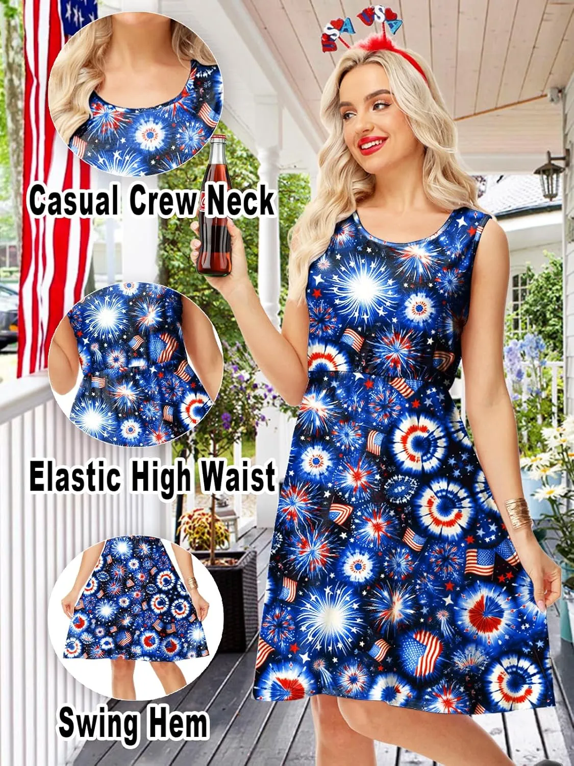 Deerose 4th of July Dress for Women Sleeveless American Flag Patriotic Elastic High Waist Sundress