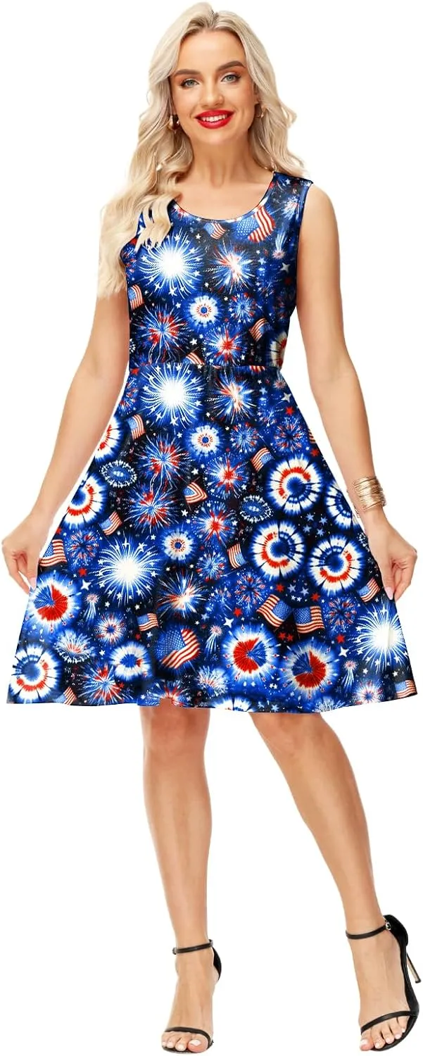 Deerose 4th of July Dress for Women Sleeveless American Flag Patriotic Elastic High Waist Sundress