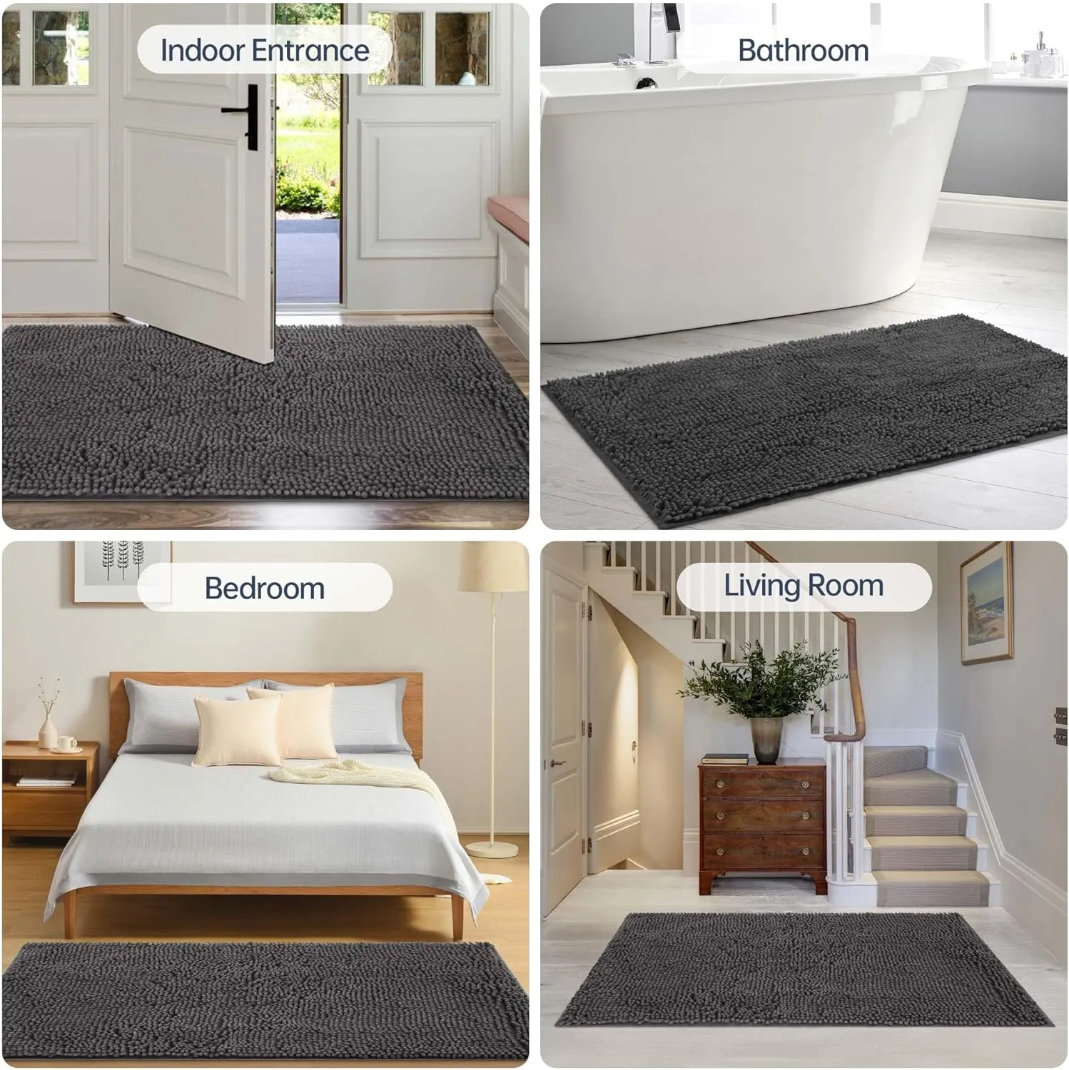 Dog Door Mat for Muddy Paws, 48" x 24" Chenille Absorbent Front Door Mat Inside, Large Runner Mud Mat for Dogs, Dirt Trapper Washable Non Slip Outdoor Indoor Entrance Doormats, Grey