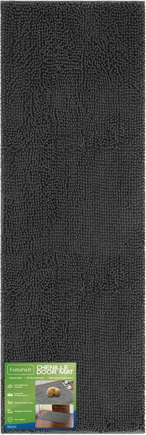 Dog Door Mat for Muddy Paws, 72" x 24" Chenille Absorbent Front Door Mat Inside, Large Runner Mud Mat for Dogs, Dirt Trapper Washable Non Slip Outdoor Indoor Entrance Doormats, Grey