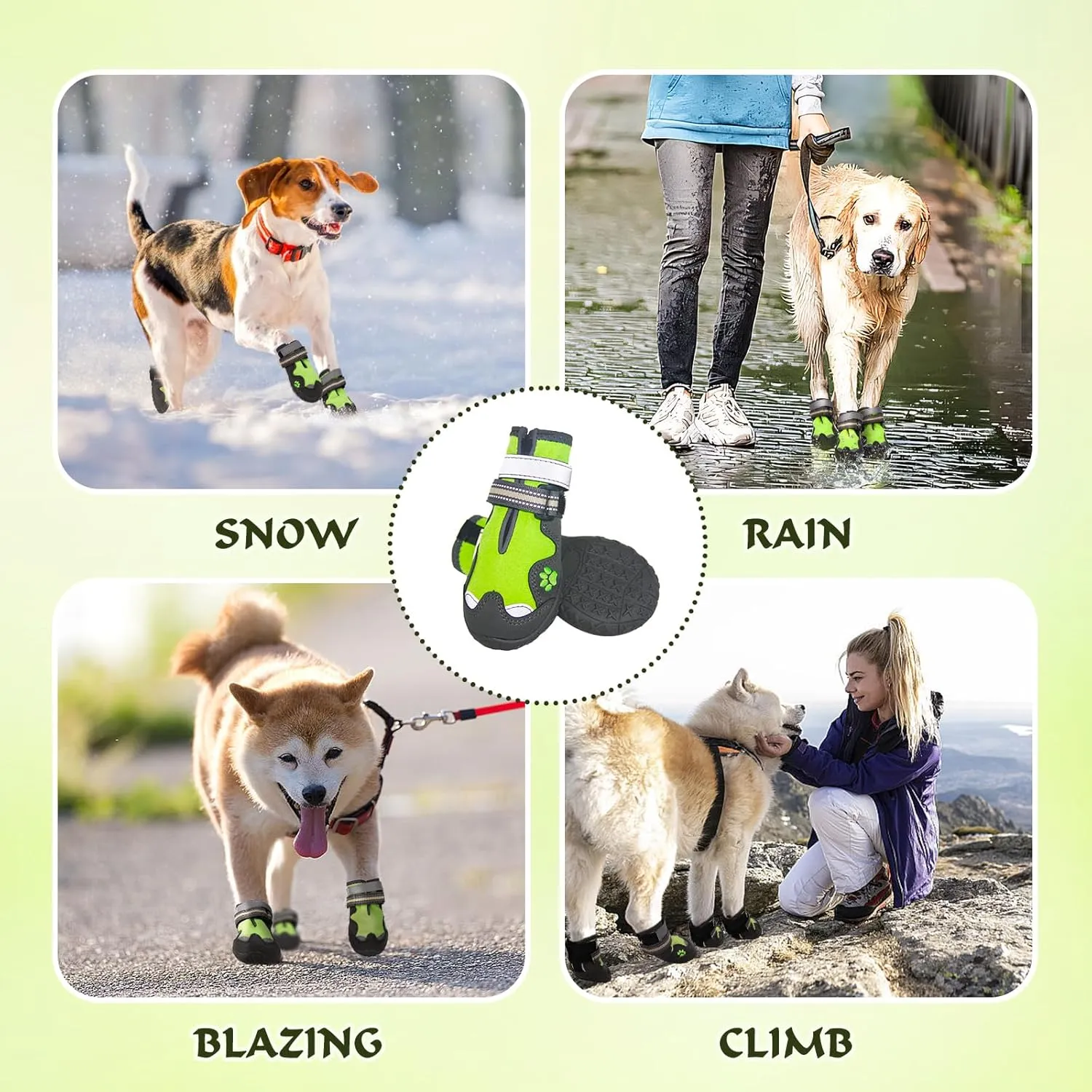 Dog Shoes, FISHOAKY Dog Shoes for Medium Dogs, Anti Slip Dog Boots & Paw Protectors for Winter Snowy and Summer Hot Pavement, 4 Pack Dog Booties Waterproof for Small Dogs with Green (Size 3)