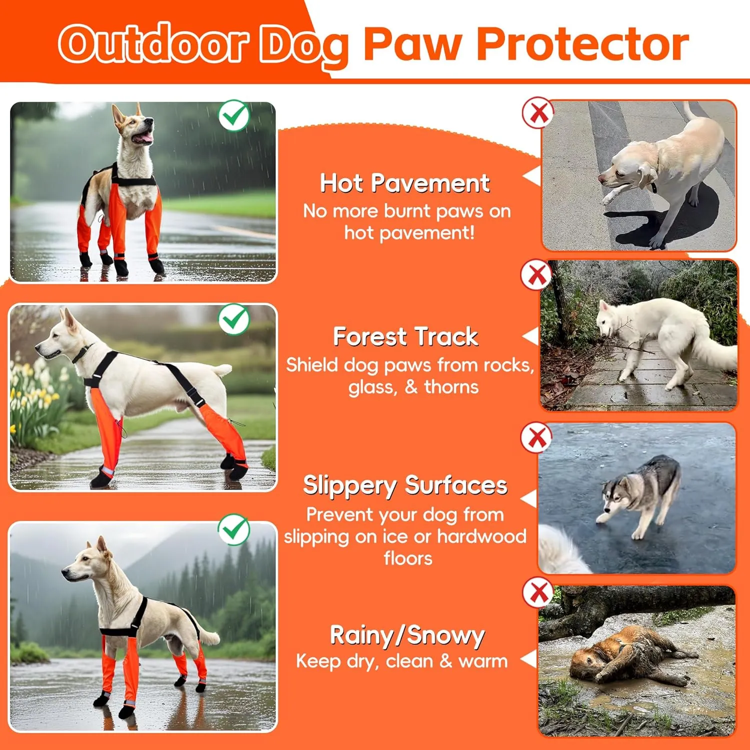 Dog Suspender Boots, Waterproof Tall Dog Rain Boots, Anti-Dirt Pet Legging Boots Paw Protector 4-Legged Shoes, Adjustable Snow Pants with Boot for Medium Large Dogs Outdoor Walking Hiking(Orange,L)