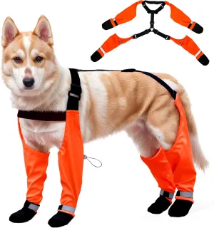 Dog Suspender Boots, Waterproof Tall Dog Rain Boots, Anti-Dirt Pet Legging Boots Paw Protector 4-Legged Shoes, Adjustable Snow Pants with Boot for Medium Large Dogs Outdoor Walking Hiking(Orange,L)