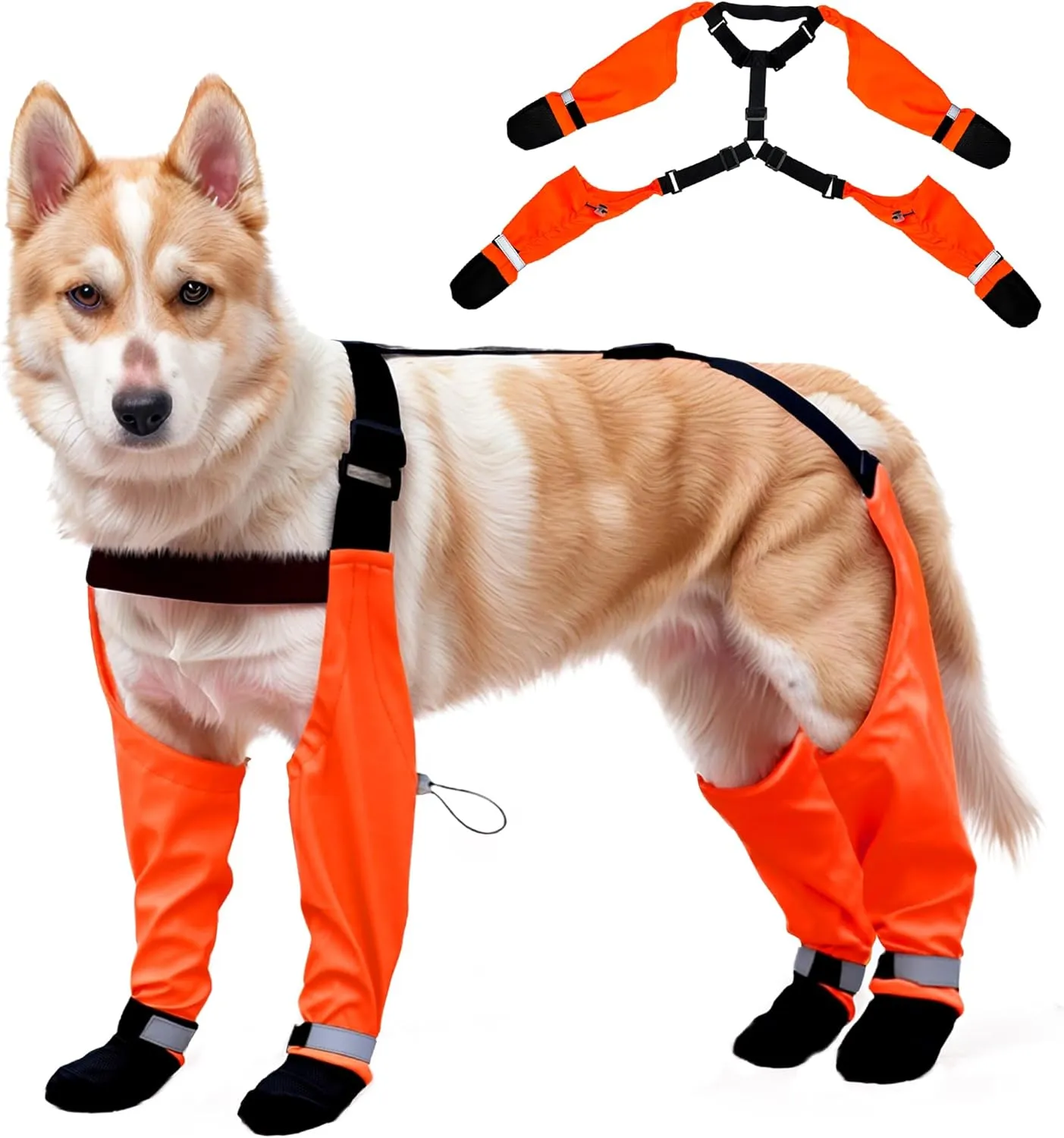 Dog Suspender Boots, Waterproof Tall Dog Rain Boots, Anti-Dirt Pet Legging Boots Paw Protector 4-Legged Shoes, Adjustable Snow Pants with Boot for Medium Large Dogs Outdoor Walking Hiking(Orange,L)