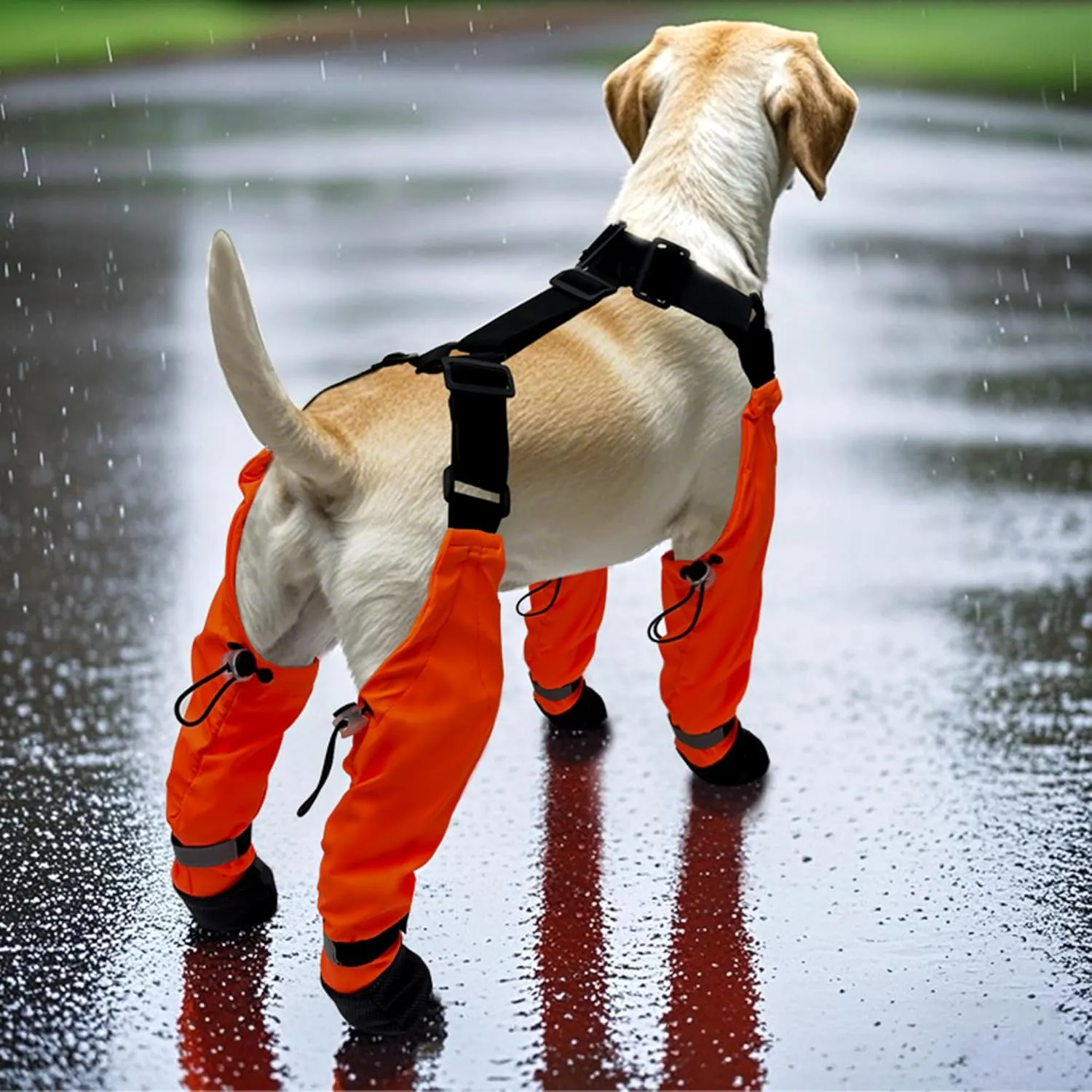 Dog Suspender Boots, Waterproof Tall Dog Rain Boots, Anti-Dirt Pet Legging Boots Paw Protector 4-Legged Shoes, Adjustable Snow Pants with Boot for Medium Large Dogs Outdoor Walking Hiking(Orange,L)