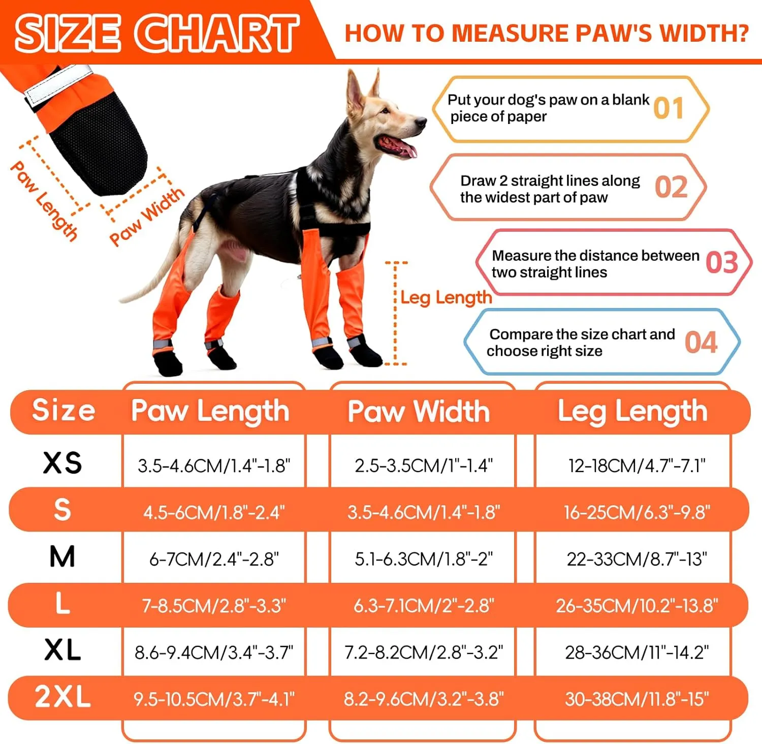 Dog Suspender Boots, Waterproof Tall Dog Rain Boots, Anti-Dirt Pet Legging Boots Paw Protector 4-Legged Shoes, Adjustable Snow Pants with Boot for Medium Large Dogs Outdoor Walking Hiking(Orange,L)