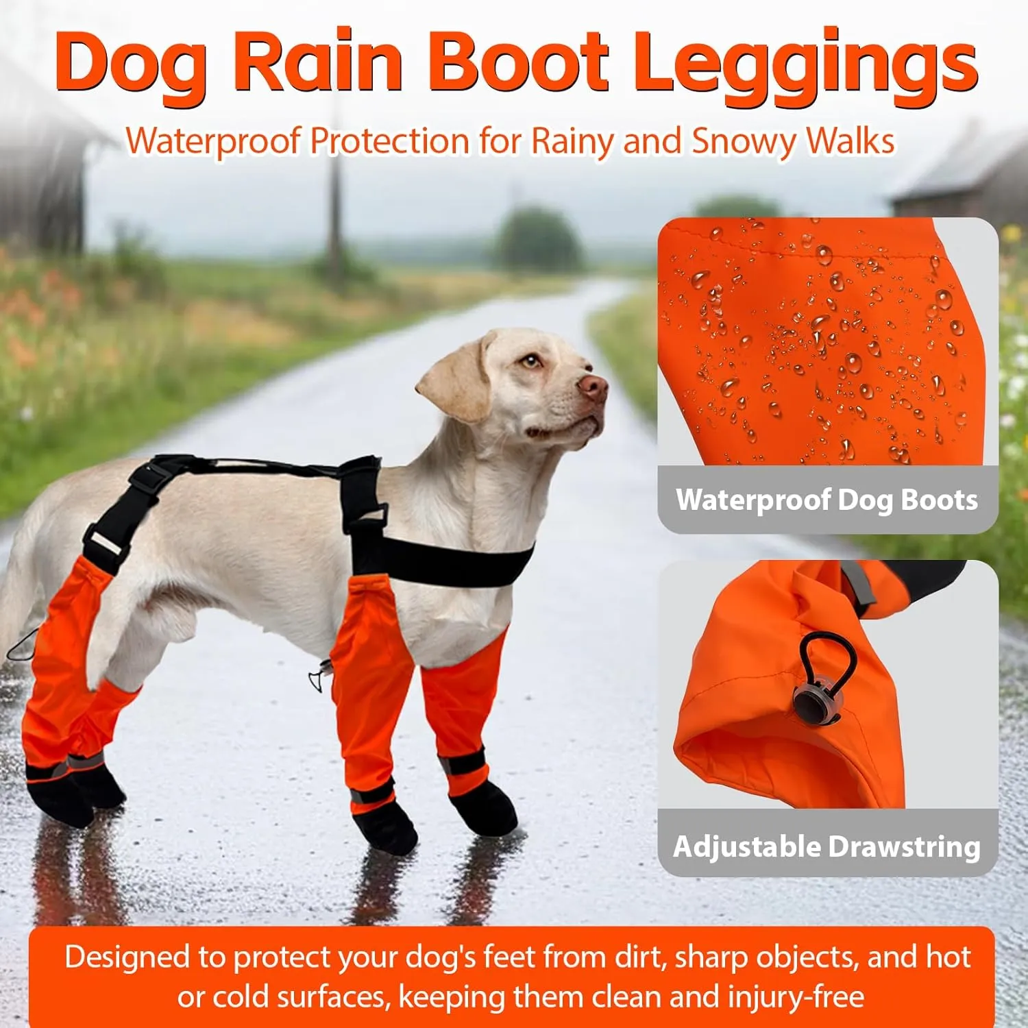Dog Suspender Boots, Waterproof Tall Dog Rain Boots, Anti-Dirt Pet Legging Boots Paw Protector 4-Legged Shoes, Adjustable Snow Pants with Boot for Medium Large Dogs Outdoor Walking Hiking(Orange,L)