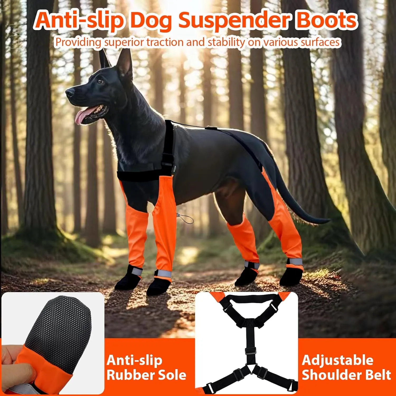 Dog Suspender Boots, Waterproof Tall Dog Rain Boots, Anti-Dirt Pet Legging Boots Paw Protector 4-Legged Shoes, Adjustable Snow Pants with Boot for Medium Large Dogs Outdoor Walking Hiking(Orange,L)