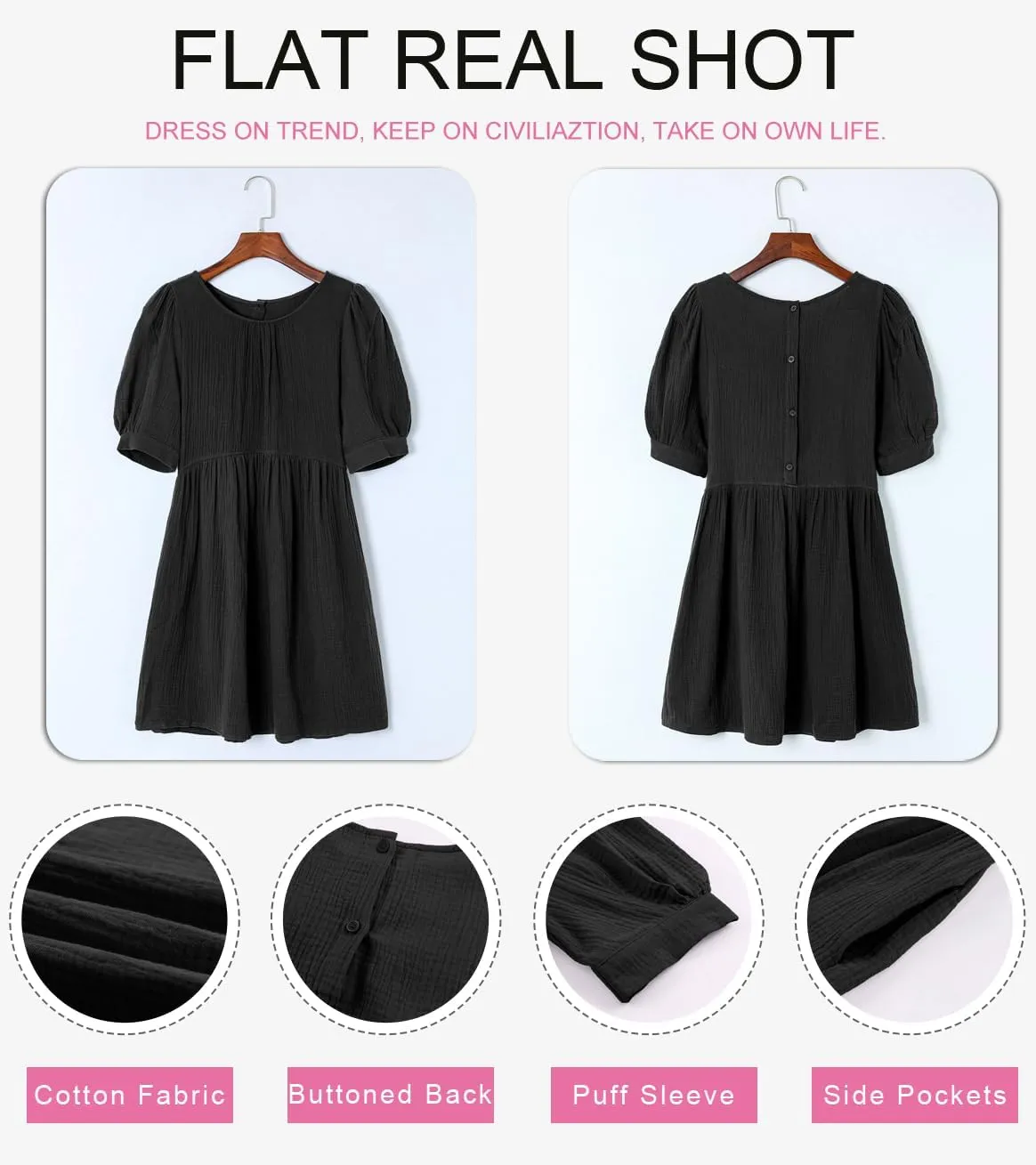 Dokotoo Womens 2025 Spring Summer Crewneck Puff Sleeve Babydoll Elegant Empire Waist Mini Swing Skater Dresses with Pockets