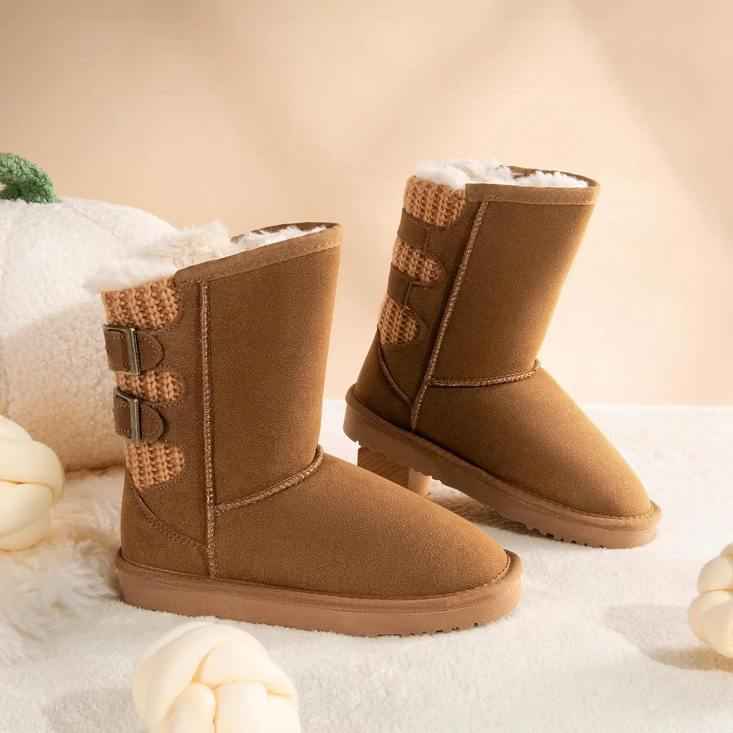 DREAM PAIRS Girls Boys Winter Boots Faux Fur Lined Mid Calf Kids Snow Tall Shoes FuzzyChic Kid's Buckle for Little Kid/Big Kid