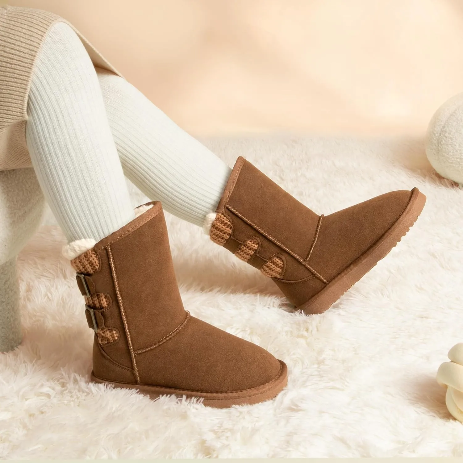 DREAM PAIRS Girls Boys Winter Boots Faux Fur Lined Mid Calf Kids Snow Tall Shoes FuzzyChic Kid's Buckle for Little Kid/Big Kid