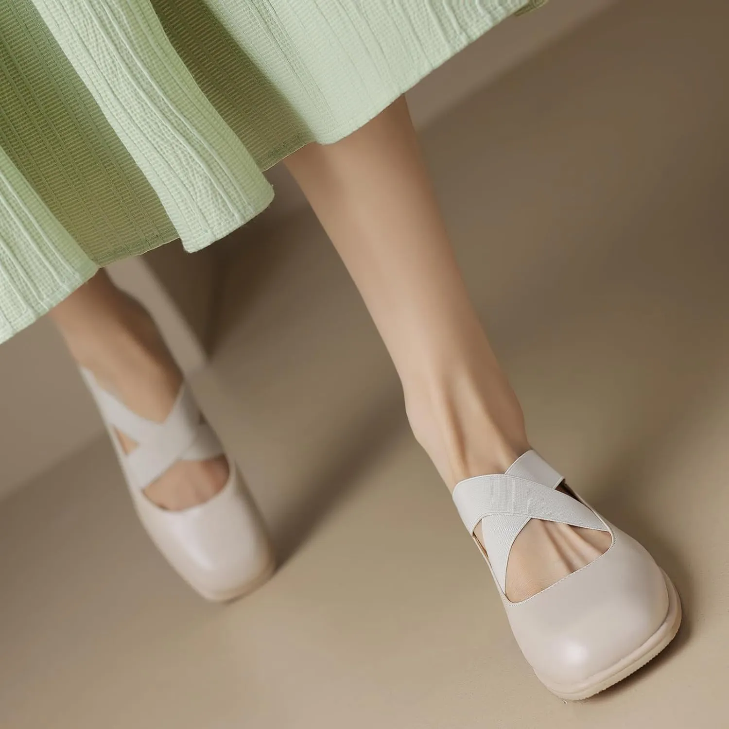 Elastic Band Flats Pumps Shoes for Women Square Toe Crisscross Ballet Flats