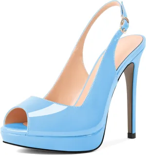 Eldof Women's Peep Toe Stiletto High Heel Platform Slingback Ankle Strap Pumps Wedding Dress Party Sandals 4.7 Inches