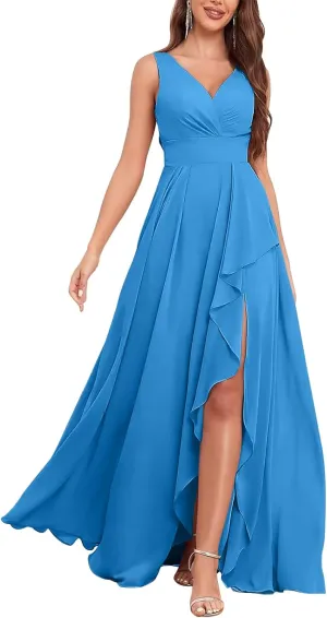 Elegant Chiffon Deep V-Neck Slit Dress - Flowy Layered Ruffled Maxi Gown, Slim-Fit High-Lash Asymmetrical Hem