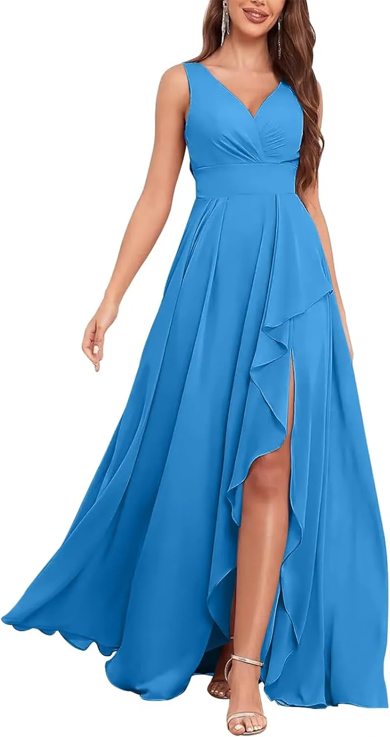 Elegant Chiffon Deep V-Neck Slit Dress - Flowy Layered Ruffled Maxi Gown, Slim-Fit High-Lash Asymmetrical Hem